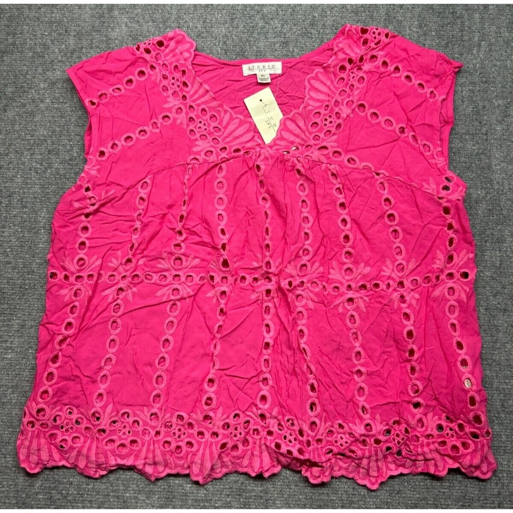 Studio JPR Blouse Womens XL Hot Pink Sleeveless Lace Top Pure Rayon Pullover New
